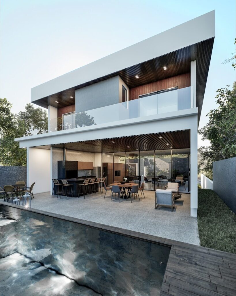 A modern house with a pool in front of it